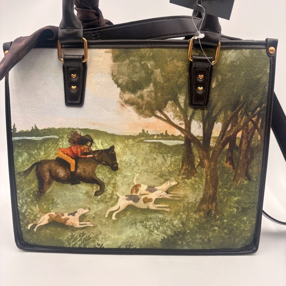 Betsey Johnson Equestrian Horse Hounds Scarf Satchel Crossbody Bag Brown Green